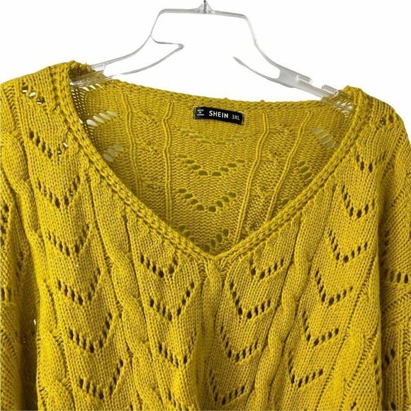 Marigold Yellow V Neck Sweater Womens Size 3XL Twist Front Cable Knit Pointelle - Picture 4 of 6